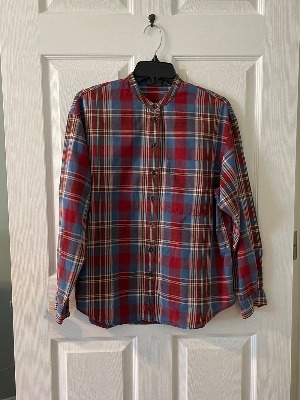 Women’s Casual Red & Blue Plaid Button-Down Shirt